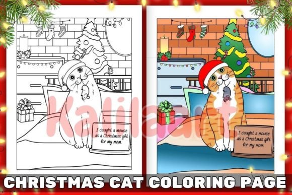 Funny Christmas Cat Coloring Page for Stress-Free Fun