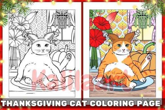 Thanksgiving Cat Coloring Page 04: A Playful Holiday Design That Invites Calm